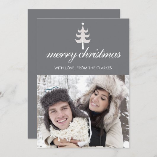 グレー・メリー・クリスマス・フォト・フラット・カード/木の絵付き シーズンカード (正面/裏面)