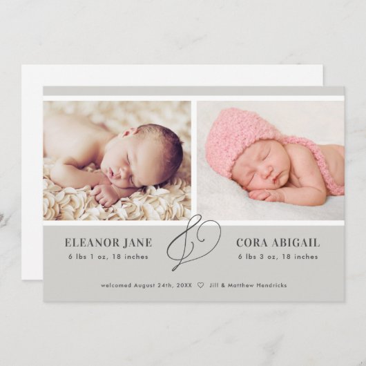 グレー・モダンツインズの誕生のお知らせ 招待状 (正面/裏面)