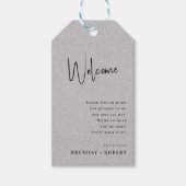 グレー リネン シンプル スクリプト ウェルカム ウェディング ギフト タグ (正面)
