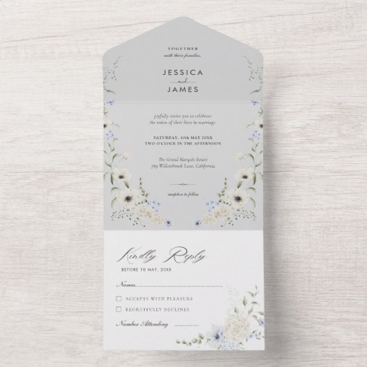 グレー | 分離型 RSVP | シンプルな結婚式 オールインワン招待状 (内側)