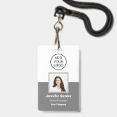 グレー、従業員の写真ID、QRコード付き、会社 バッジ (正面（ネックストラップ付）)