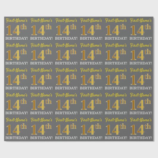 グレー、模倣金ゴールドルック"14誕生日" ラッピングペーパー (フラット)