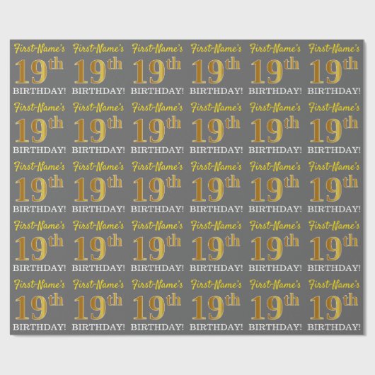 グレー、模倣金ゴールドルック"19誕生日" ラッピングペーパー (フラット)