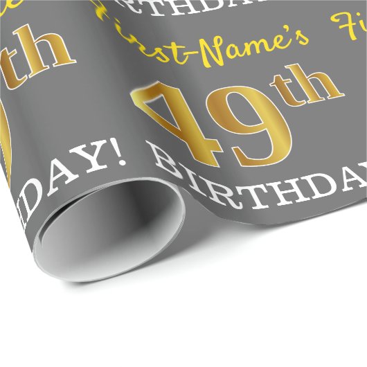 グレー、模倣金ゴールドルック"49誕生日" ラッピングペーパー (ロールコーナー)