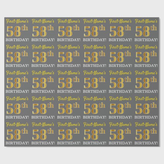 グレー、模倣金ゴールドルック"58誕生日" ラッピングペーパー (フラット)