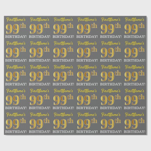 グレー、模倣金ゴールドルック"99誕生日" ラッピングペーパー (フラット)