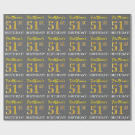 グレー、模造金ゴールドルック"51誕生日" ラッピングペーパー