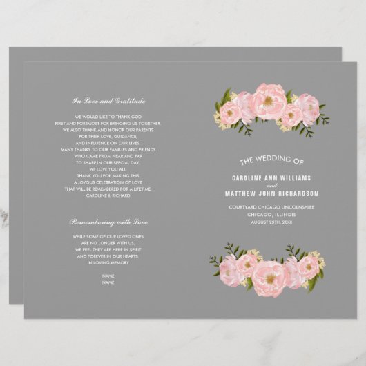 グレー |赤面ピンク牡丹結婚式 プログラム (正面/裏面)