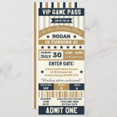 グレー&金ゴールドスポーツをテーマにしたチケット誕生日パーティー 招待状 (正面/裏面)