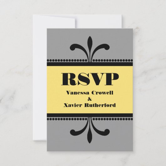 グレー/黄色のファンシーアールデコRSVPカード 出欠カード (正面)