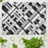 グレー、黒、白、グレーの対角線の格子模様 キッチンタオル (折り畳み)