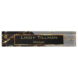 グレー、黒、金ゴールド大理石デザイン デスクネームプレート