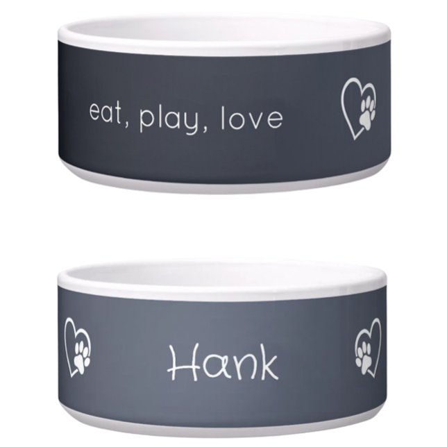グレー「eat, play, love」犬の名前入りボウル ボウル (クリエイターアップロード済み)