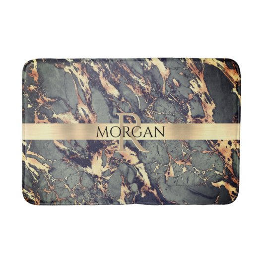 グレーBlk金ゴールド大理石， Lg金ゴールドストライプ名+モノグラム バスマット (正面)