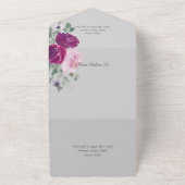 グレーQRコードのピンクと明るい赤紫色のバラ オールインワン招待状 (外側)