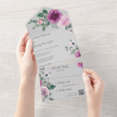 グレーQRコードのピンクと明るい赤紫色のバラ オールインワン招待状 (貼ってはがせる)