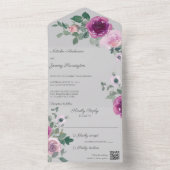 グレーQRコードのピンクと明るい赤紫色のバラ オールインワン招待状 (内側)