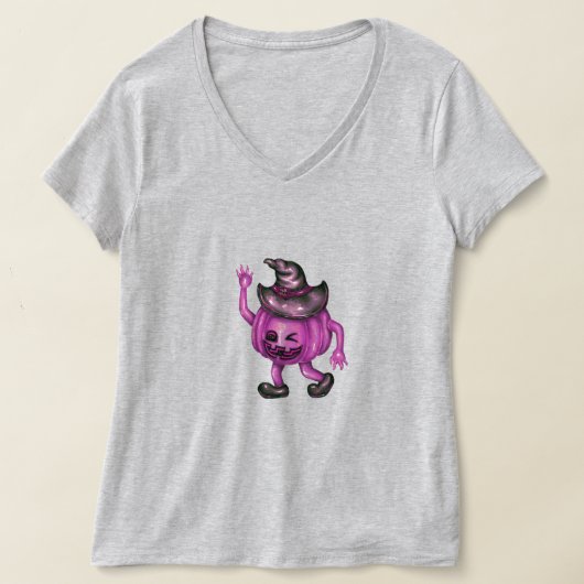 グレーVネックTシャツの女性 - 魔女の帽子のかぼちゃ Tシャツ (レイダウン)