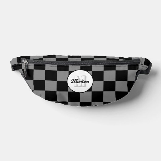 グレ市松模様にイ黒の幾何学的レトロなモノグラム ファニーパック (レイダウン)