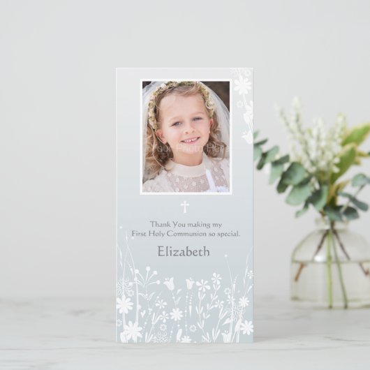 グレ淡い色のー、白い花、宗教写真カード サンキューカード (スタンド正面)