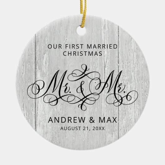 グレ素朴ーパーソナライズされたウッド氏とゲイ結婚氏 セラミックオーナメント (正面)