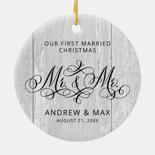 グレ素朴ーパーソナライズされたウッド氏とゲイ結婚氏 セラミックオーナメント (裏面)