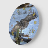 グレ飛んでいるー素晴らしフクロウ野生生物写真ポートレートII ラージ壁時計 (傾斜)