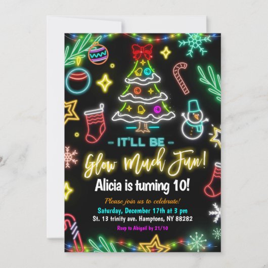 グロウマーズおもしろいクリスマスネオン誕生日パーティー 招待状 (正面)