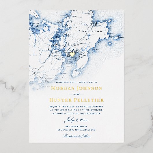 グロスター結婚・アンエレガントズ海軍と金ゴールド 箔招待状 (正面)