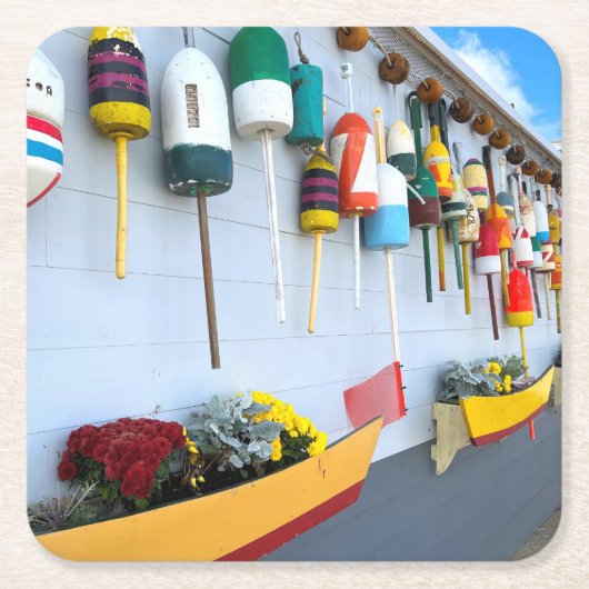 グロスターMAのロブスターの建物ブイ スクエアペーパーコースター (正面)