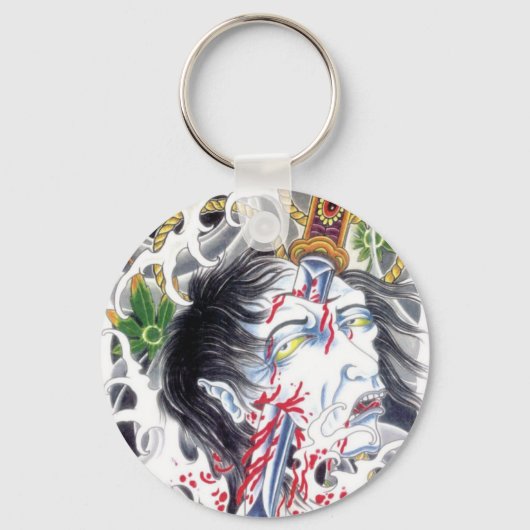 グロテスクな頭部と剣 キーホルダー (正面)