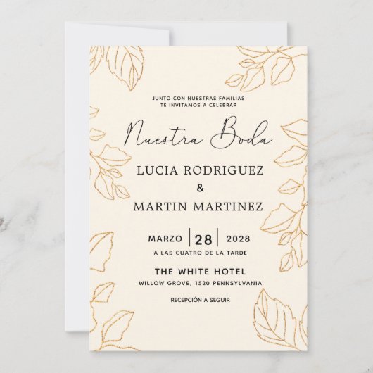 グロドエレガントリーフクリームヌエストラスペインのボーダ 招待状 (正面)