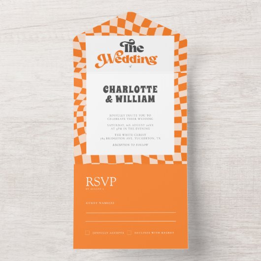 グローウィーオレンジ チェックのユニークなモダンウェディング オールインワン招待状 (内側)