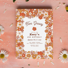 グローウィー レトロ ヒッピーフラワー ピンク オレンジ 誕生日 招待状