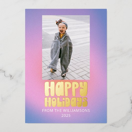 グローウィー レトロ ピンク ラベンダー パステル カワイイ 2 枚の写真 ゴールド 箔シーズンカード (正面)