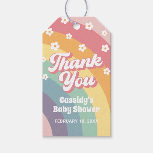 グローウィー レトロ 70年代 レインボー デイジー ベイビー シャワー ギフトタグ (正面)