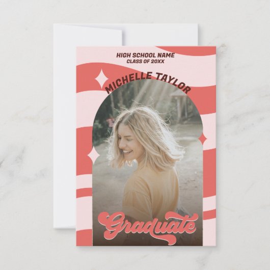 グローキー レトロ 70年代 卒業 ピンク 赤 ヴィンテージ アーチ 招待状 (正面)