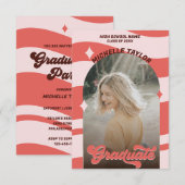 グローキー レトロ 70年代 卒業 ピンク 赤 ヴィンテージ アーチ 招待状 (正面/裏面)