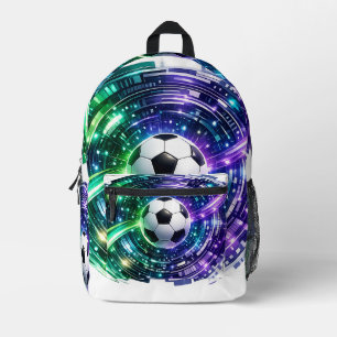 グローグリーン パープル フューチャリスティック サッカーボール プリントバックパック