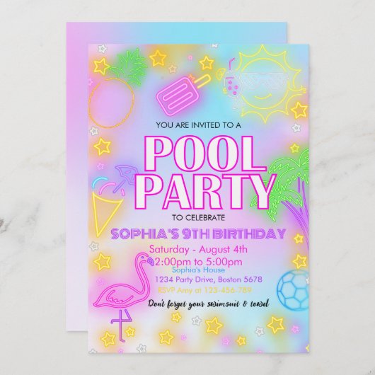 グローネオントロピカルプールパーティースイミング誕生日 招待状 (正面/裏面)