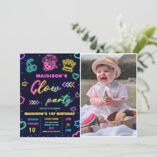 グローパーティーカラフルネオン誕生日パーティー写真 招待状 (スタンド正面)