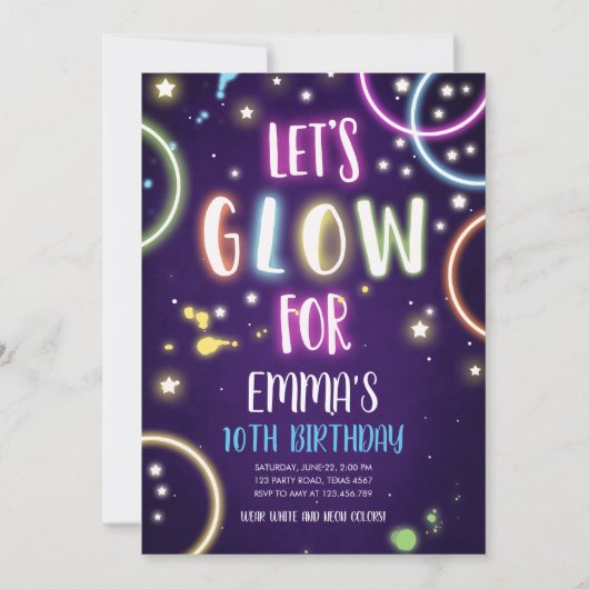グローパーティーネオンダンスディスコ誕生日招待状 招待状 (正面)