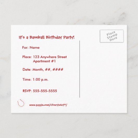 グローブベースボールバースデーパーティーの招待状を手に入れる インビテーションポストカード (裏面)