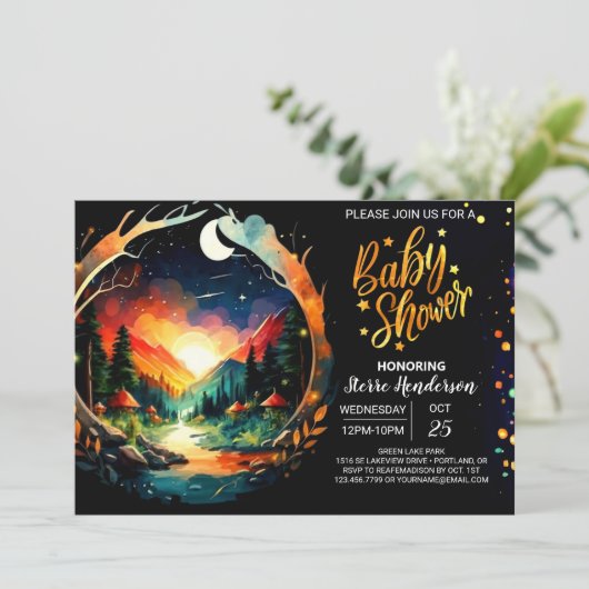 グローブモダンエンチャントコテージコアベビーシャワー 招待状 (スタンド正面)