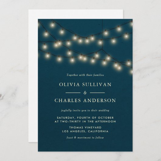 グローブ白熱［赤熱］光を放つストリングライト素朴ティール（緑がかった色）結婚の 招待状 (正面/裏面)