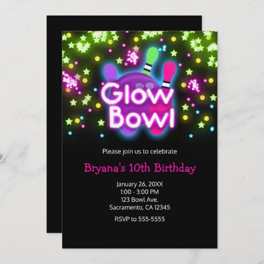 グローボウルボーリングネオンスターズバースデーパーティー 招待状 (正面/裏面)