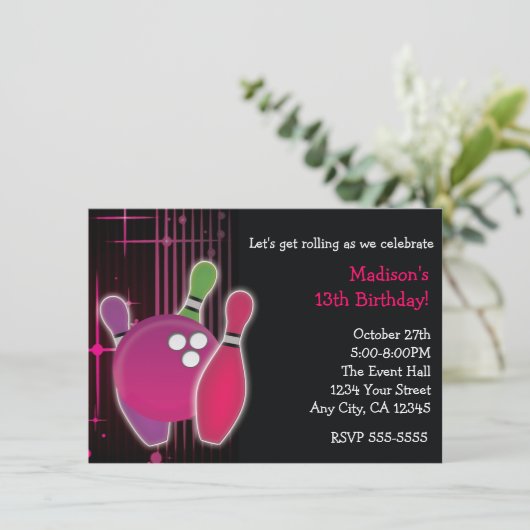 グローボーリングボウルガールズバースデーパーティー招待状 招待状 (スタンド正面)