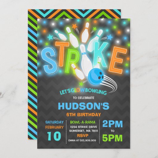 グローボーリング招待状ネオングローボーリングパーティー 招待状 (正面/裏面)