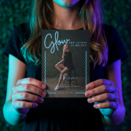 グローモダンスクリプトブルーネオン波状大学院写真 案内状