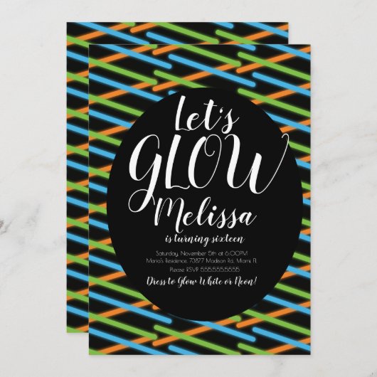 グローライン誕生日紙吹雪ネオンザダークグロー 招待状 (正面/裏面)